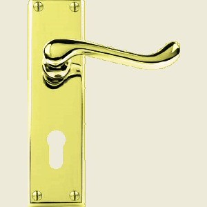 Victorian Scroll Lever Polished Brass Euro Lock Handles on Longplate