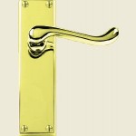 Victorian Scroll Lever Polished Brass Latch Handles on Longplate