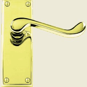 Victorian Scroll Lever Polished Brass Latch Handles on Shortplate